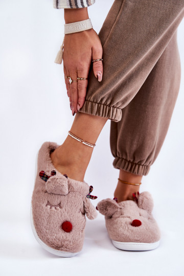 Féminin Noël avec un manteau de fourrure chaussons avec des cerfs beige Clarie