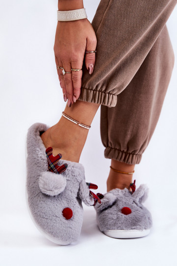 Féminin Noël avec un manteau de fourrure chaussons avec des cerfs couleur grise Clarie