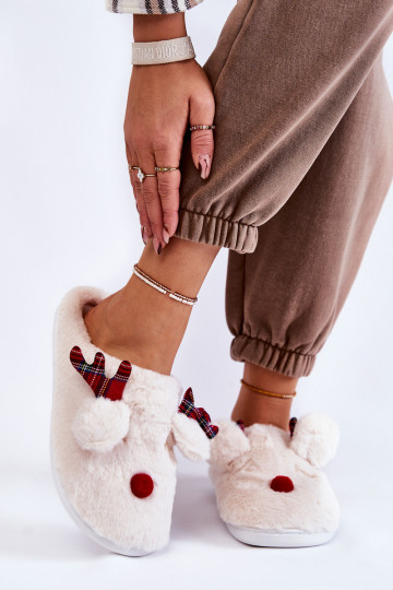 Féminin Noël avec un manteau de fourrure chaussons avec des cerfs couleur crème Clarie