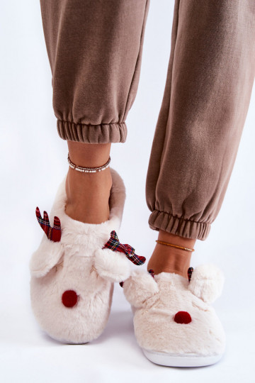 Féminin Noël avec un manteau de fourrure chaussons avec des cerfs couleur crème Clarie 2
