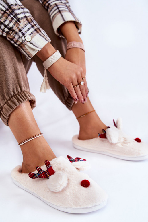 Mules femme Christmas avec fourrure et rennes, crème Clarie