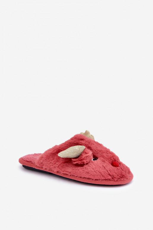 Chaussons Noël Avec un thème Renne avec un manteau de fourrure couleur corail Asielle