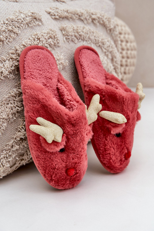 Chaussons Noël Avec un thème Renne avec un manteau de fourrure couleur corail Asielle