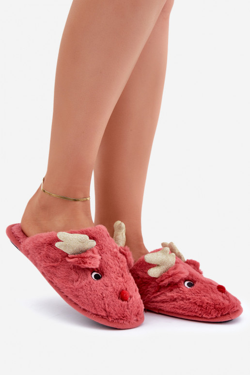 Chaussons Noël Avec un thème Renne avec un manteau de fourrure couleur corail Asielle