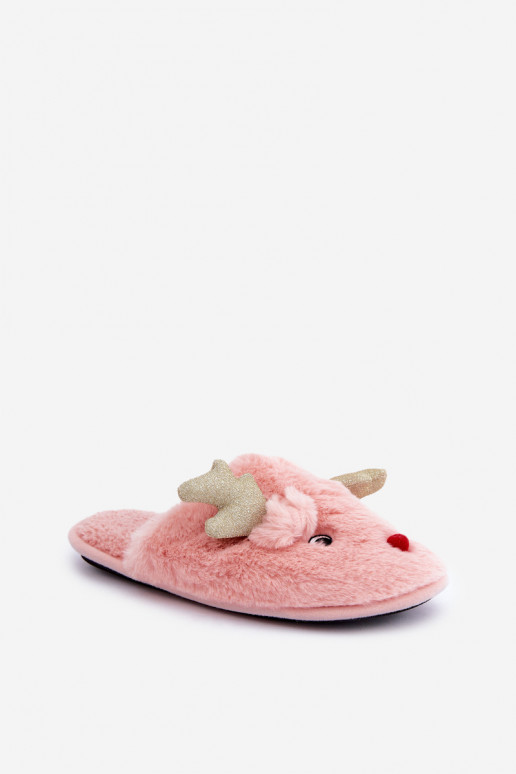 Chaussons de Noël avec motif rennes et fourrure rose Asielle