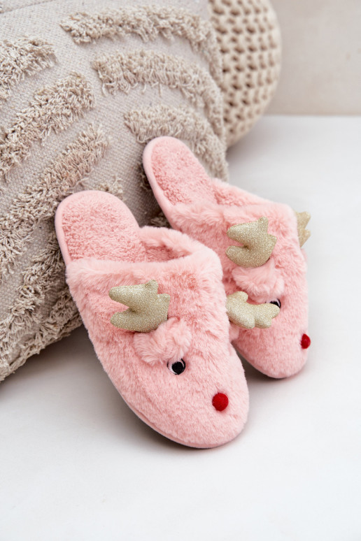Chaussons de Noël avec motif rennes et fourrure rose Asielle