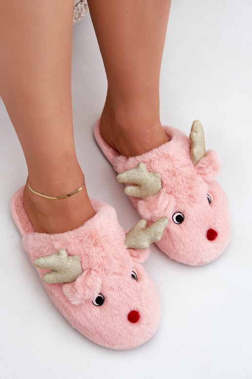 Chaussons de Noël avec motif rennes et fourrure rose Asielle