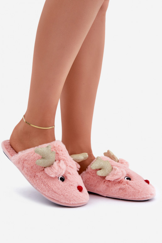 Chaussons de Noël avec motif rennes et fourrure rose Asielle