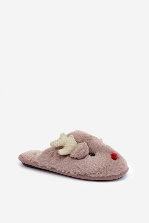 Chaussons de Noël avec motif rennes et fourrure couleur sable Asielle