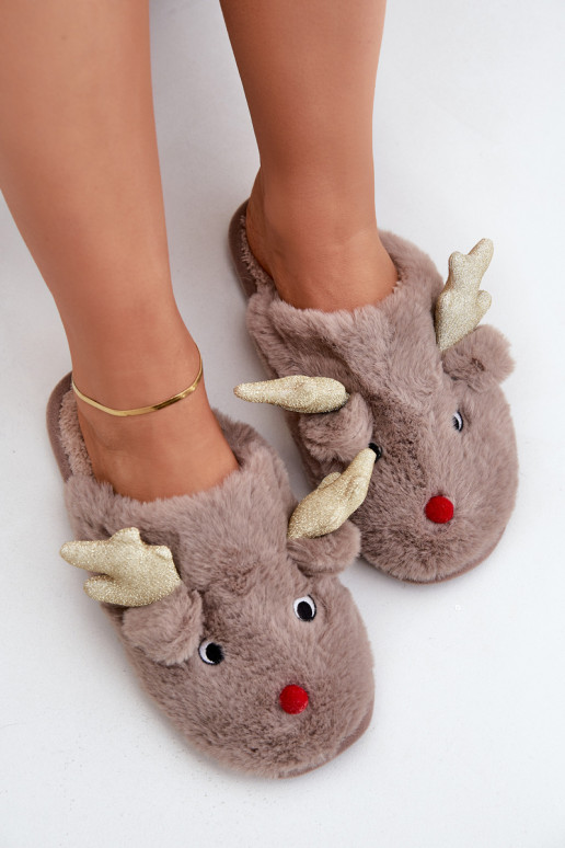 Chaussons de Noël avec motif rennes et fourrure couleur sable Asielle