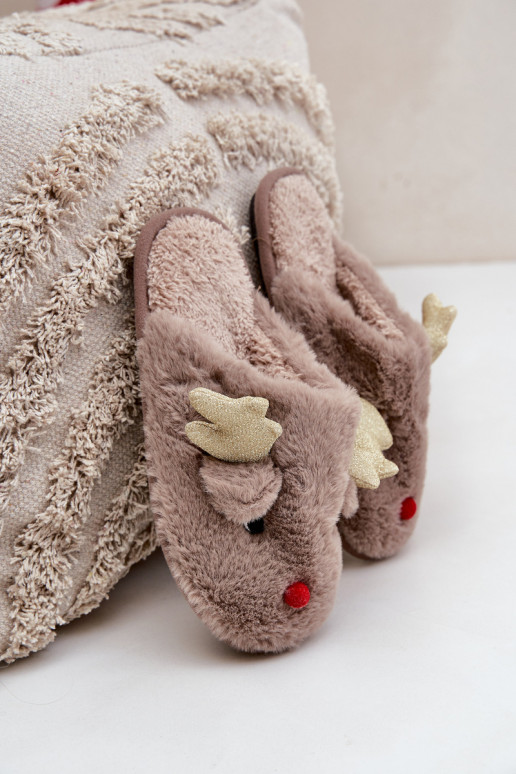 Chaussons de Noël avec motif rennes et fourrure couleur sable Asielle