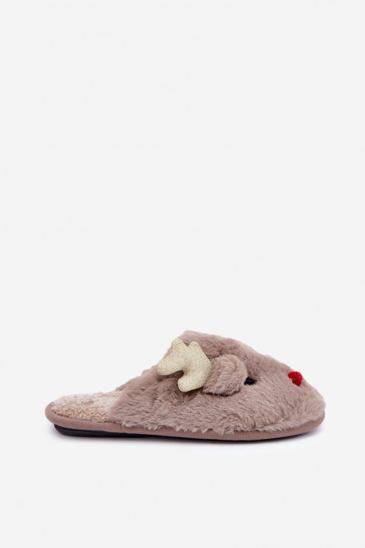 Chaussons de Noël avec motif rennes et fourrure couleur sable Asielle