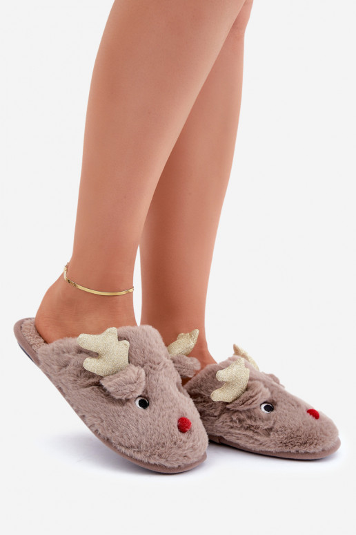 Chaussons de Noël avec motif rennes et fourrure couleur sable Asielle