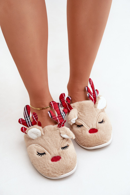 Chaussons de Noël avec motif rennes couleur sable Sylaia