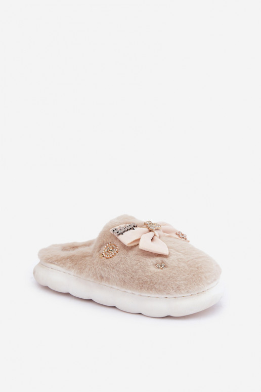 Chaussons avec nœuds et fourrure couleur sable Annalira