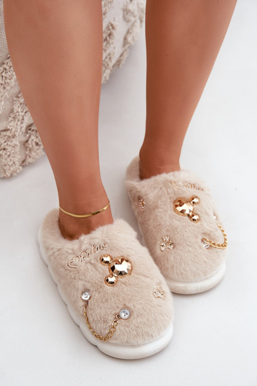 Chaussons avec fourrure et nœuds couleur sable Ivelfedi