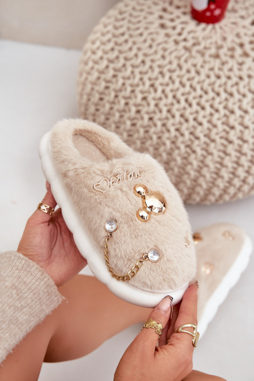 Chaussons avec fourrure et nœuds couleur sable Ivelfedi