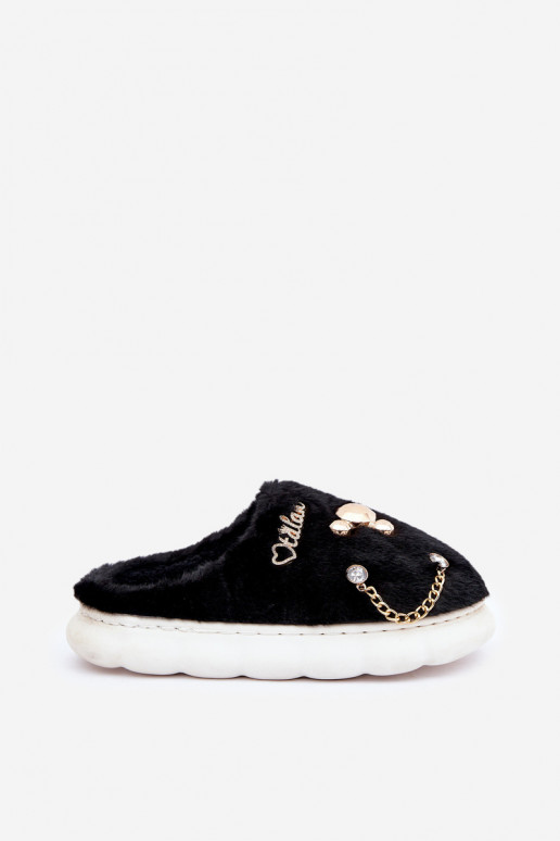 Chaussons avec fourrure et nœuds couleur noire Ivelfedi