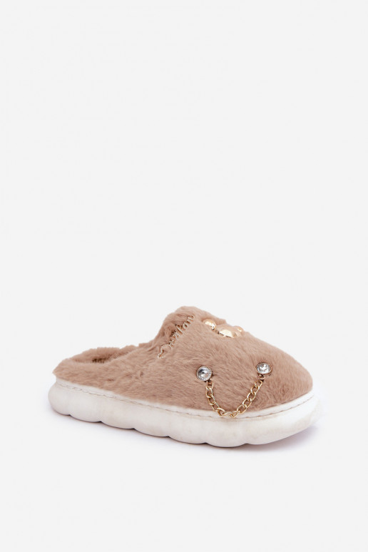 Chaussons avec fourrure et nœuds couleur sable Ivelfedi