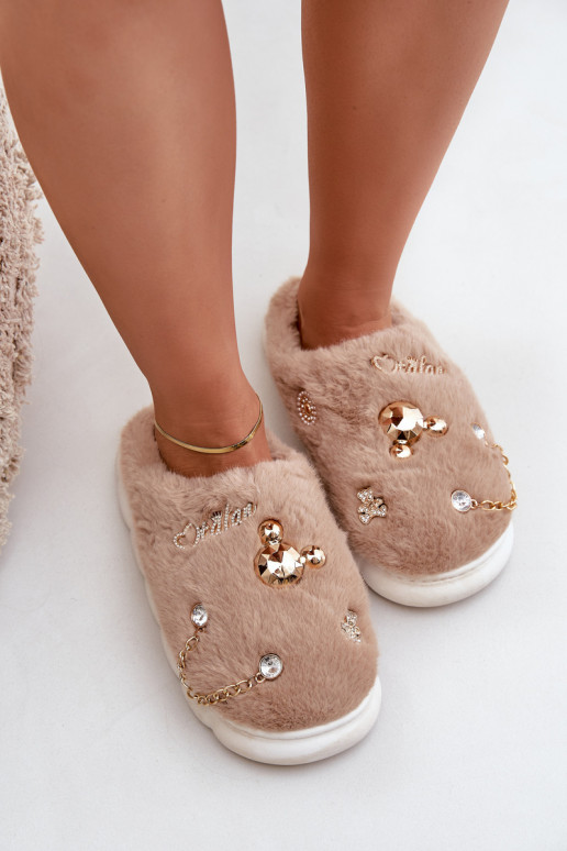 Chaussons avec fourrure et nœuds couleur sable Ivelfedi