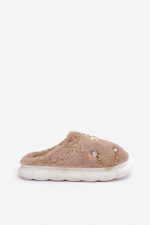 Chaussons avec fourrure et nœuds couleur sable Ivelfedi