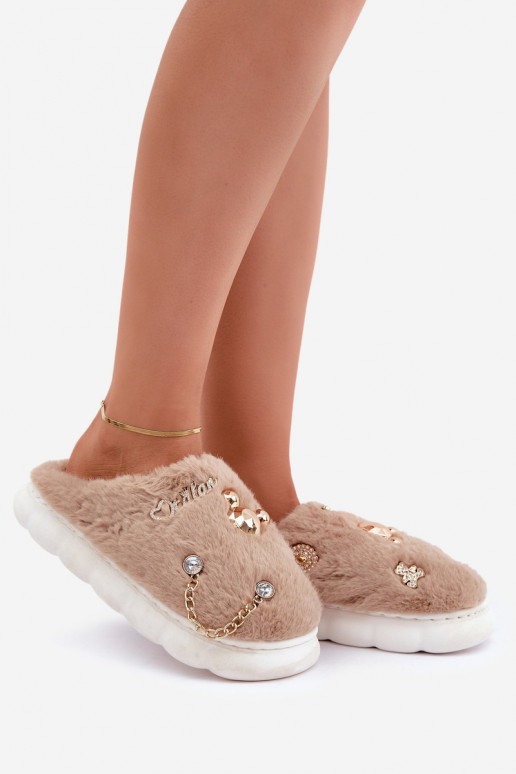 Chaussons avec fourrure et nœuds couleur sable Ivelfedi
