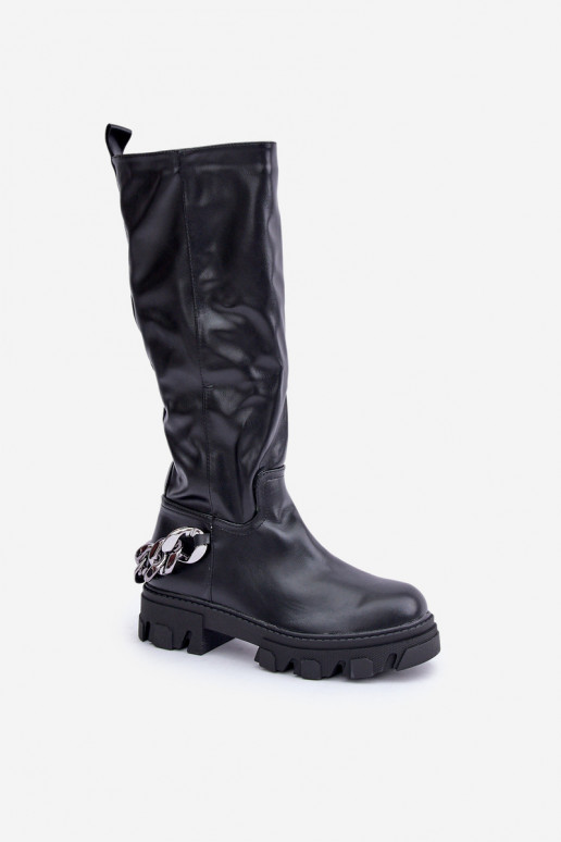 Bottes longues à talons larges avec chaînes couleur noire Įjungtauricette
