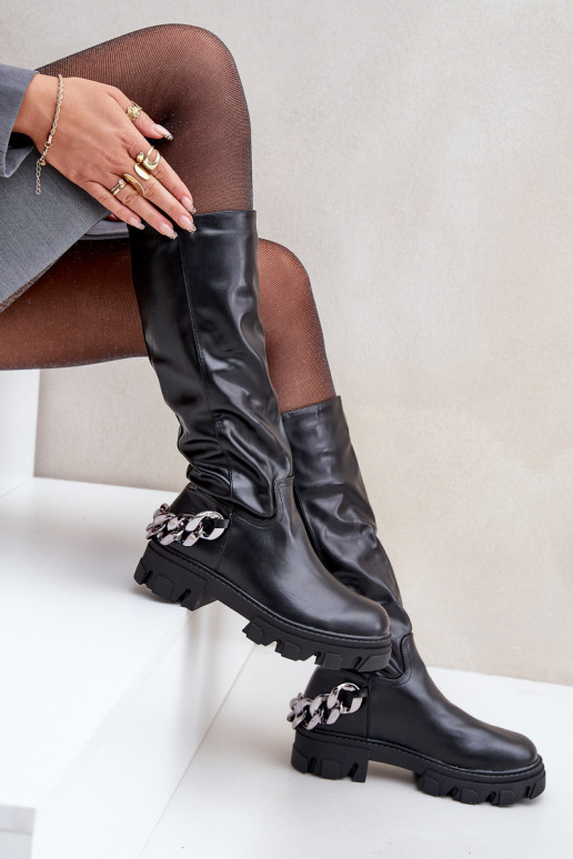 Bottes longues à talons larges avec chaînes couleur noire Įjungtauricette