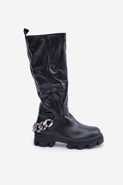 Bottes longues à talons larges avec chaînes couleur noire Įjungtauricette