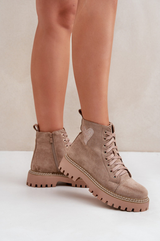 Bottines pour femmes avec strass et cœurs couleur sable Įjungtariri