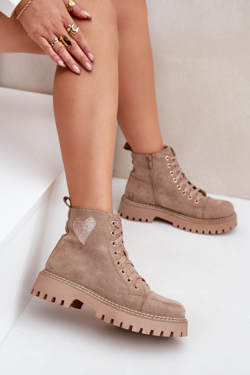 Bottines pour femmes avec strass et cœurs couleur sable Įjungtariri
