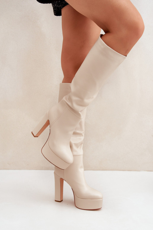 Bottes hautes avec talons et plateforme en simili cuir couleur ivoire Felilorn