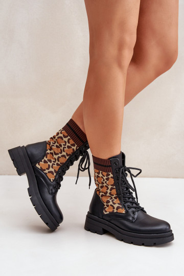 Bottes de travail pour femmes avec tige type chaussette en léopard noires Penthis