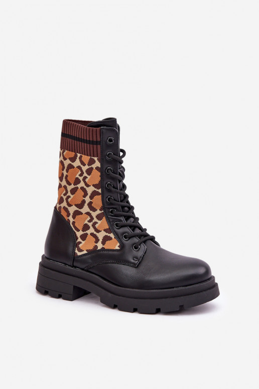 Bottes de travail pour femmes avec tige type chaussette en léopard noires Penthis