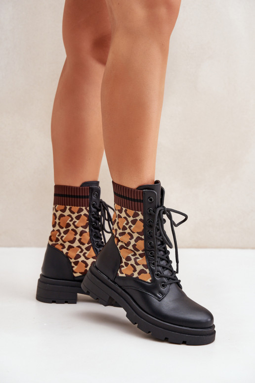 Bottes de travail pour femmes avec tige type chaussette en léopard noires Penthis