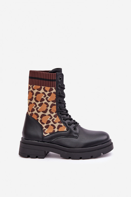 Bottes de travail pour femmes avec tige type chaussette en léopard noires Penthis