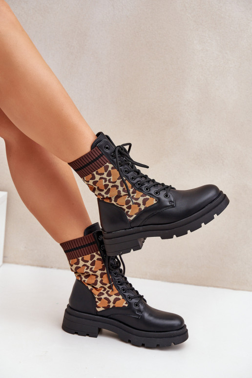 Bottes de travail pour femmes avec tige type chaussette en léopard noires Penthis