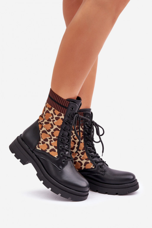 Bottes de travail pour femmes avec tige type chaussette en léopard noires Penthis