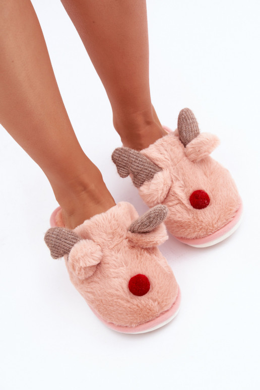 Chaussons pour femmes avec fourrure sur le thème des rennes couleur rose Sennalith