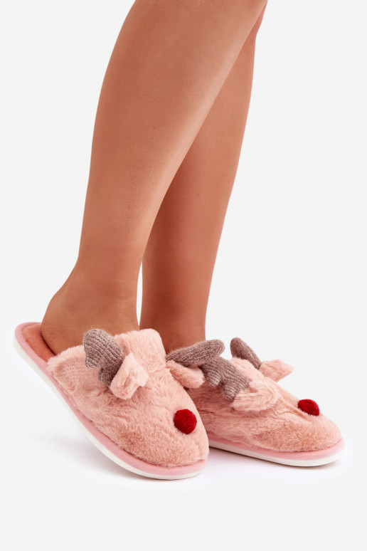 Chaussons pour femmes avec fourrure sur le thème des rennes couleur rose Sennalith