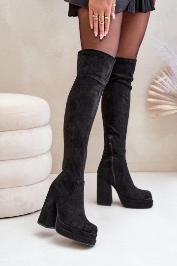 Bottes hautes avec empiècement au-dessus du genou à talons et plateforme noires Nadelian