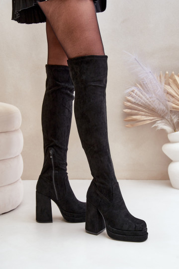 Bottes hautes avec empiècement au-dessus du genou à talons et plateforme noires Nadelian 2