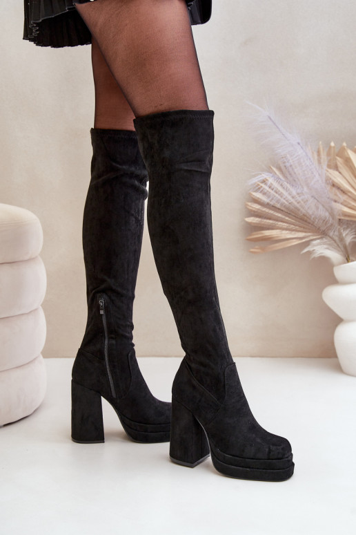 Bottes hautes avec empiècement au-dessus du genou à talons et plateforme noires Nadelian