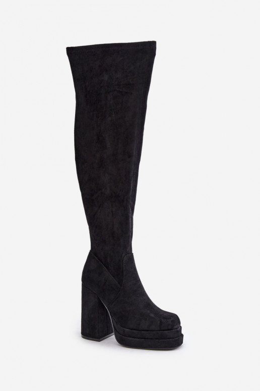Bottes hautes avec empiècement au-dessus du genou à talons et plateforme noires Nadelian