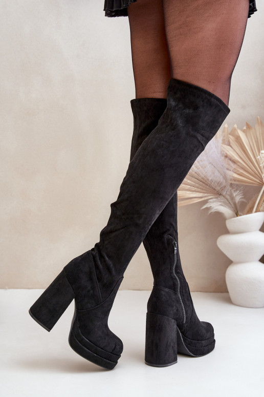 Bottes hautes avec empiècement au-dessus du genou à talons et plateforme noires Nadelian