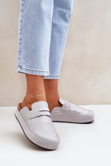 Chaussons pour femmes décorés de zircons avec plateforme couleur grise Deorani