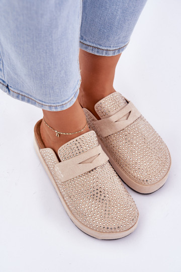 Chaussons pour femmes décorés de zircons avec plateforme couleur beige Deorani