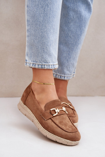 avec des éléments ajourés Mocassins Ze couleur doréem Detalem I JutoÀą Plecionką marron Lainer