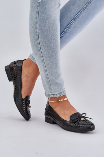 avec effet vernis Ballerines ajourées avec des rubans Eko Peau couleur noire Amepitrea