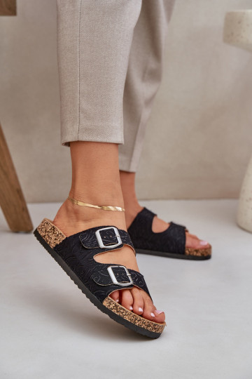 Chaussons Sur une semelle en liège avec boucles couleur noire Atera
